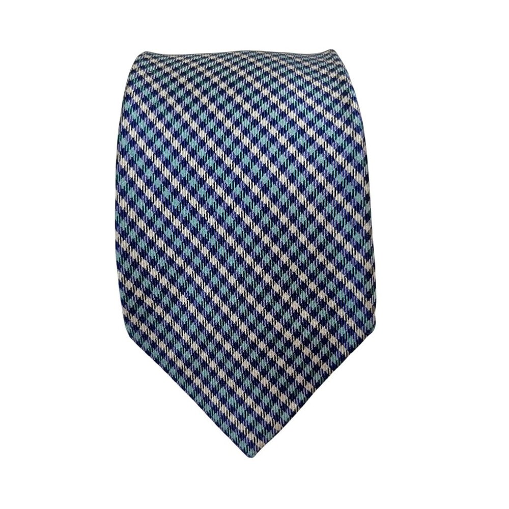 40% off! Ben Sherman tie blue white plaid 100% silk 2.75" wide 58" long